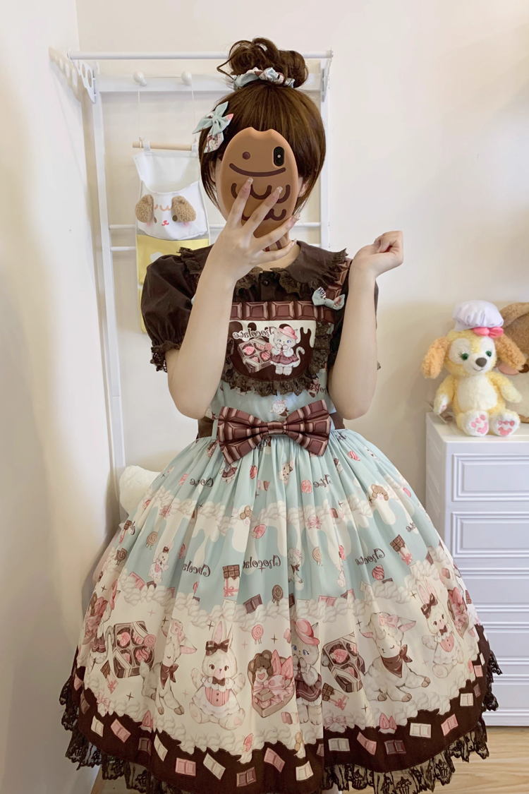 Chocolate Rosette Cat Printed Bow Stitching Lace Sweet Lolita JSK Dress