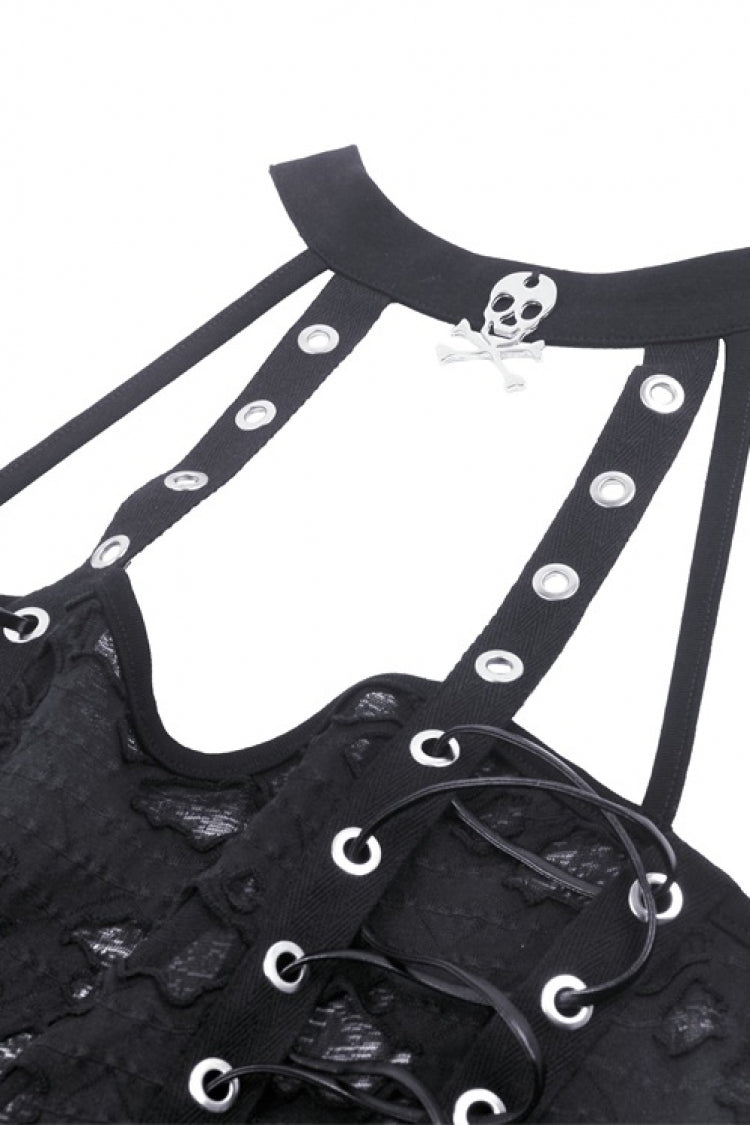Gritty Black Eyelet Lace-Up Ripped Halter Punk Tank Top