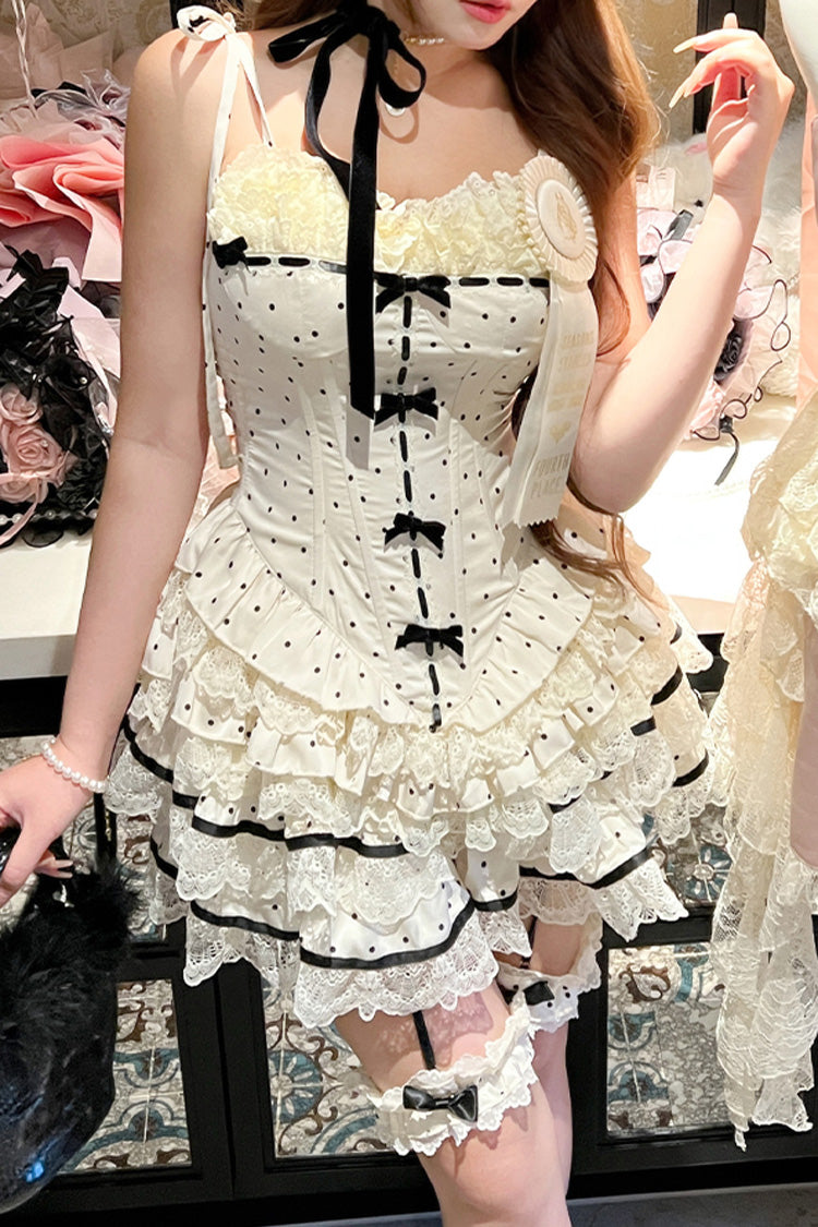 Cream Paris Holiday Polka Dot Layered Lace Fishbone Frilled Sweet Lolita Skirt Set
