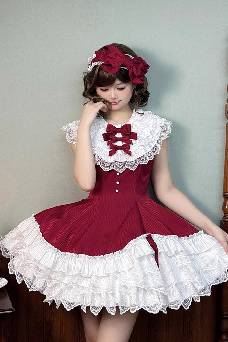 Red Asymmetric Lace Bow Sleeveless Multi-Layer Ruffle Sweet Lolita Dress - Miss Tsundere