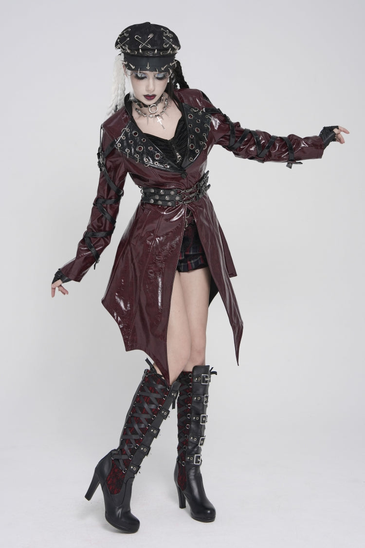 Crimson Lapel Lace-Up Irregular Eyelets Punk Coat