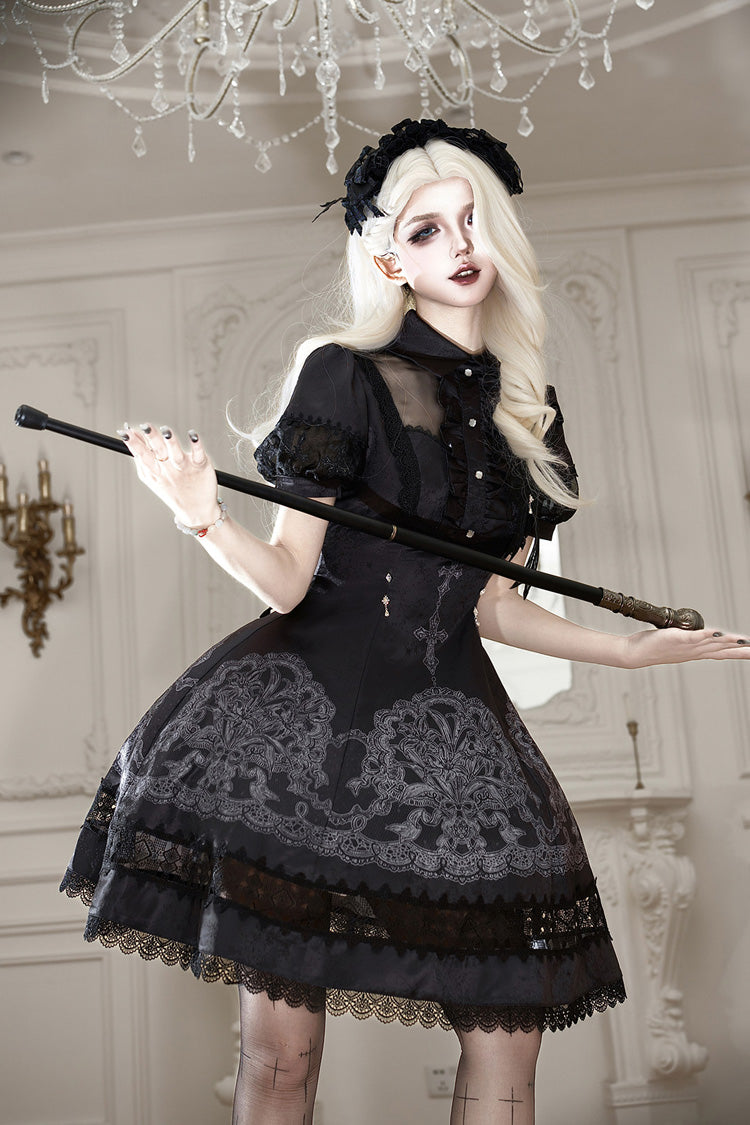 Black Classic Gothic Dress with Embroidered Lace