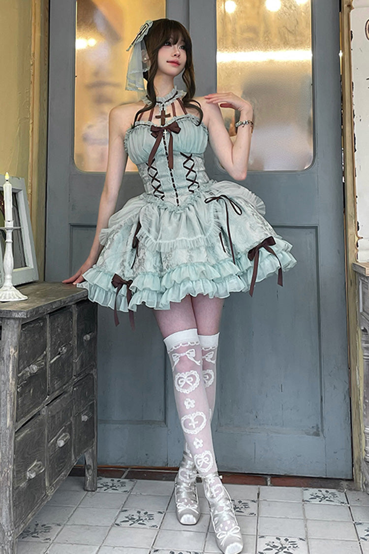 Mint Green Cross Halterneck Lace-Up Princess Sweet Lolita Dress - Ruffled Lace