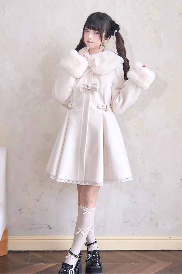 Plush Collar Waist-Cinched Long Sleeve Bow Lace Coat - Lolita Outerwear