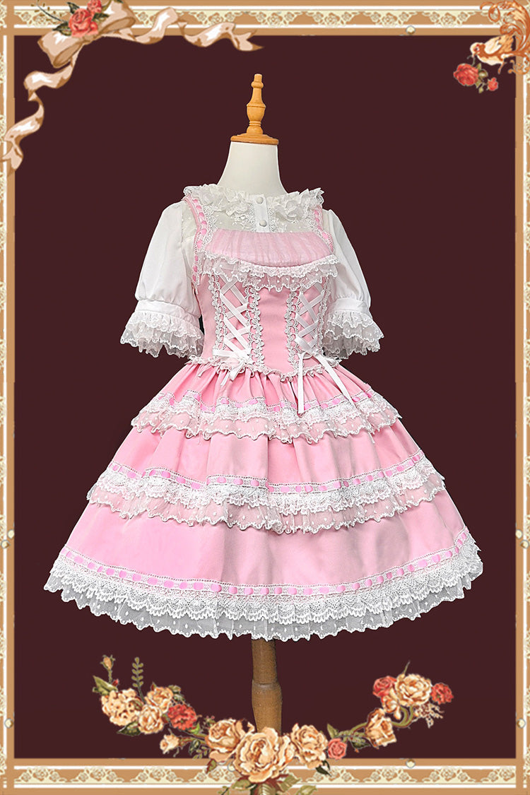 Doll in the Mirror Square Collar Sleeveless Ruffled Lace-Up Sweet Lolita Jsk Dress - Pink/White