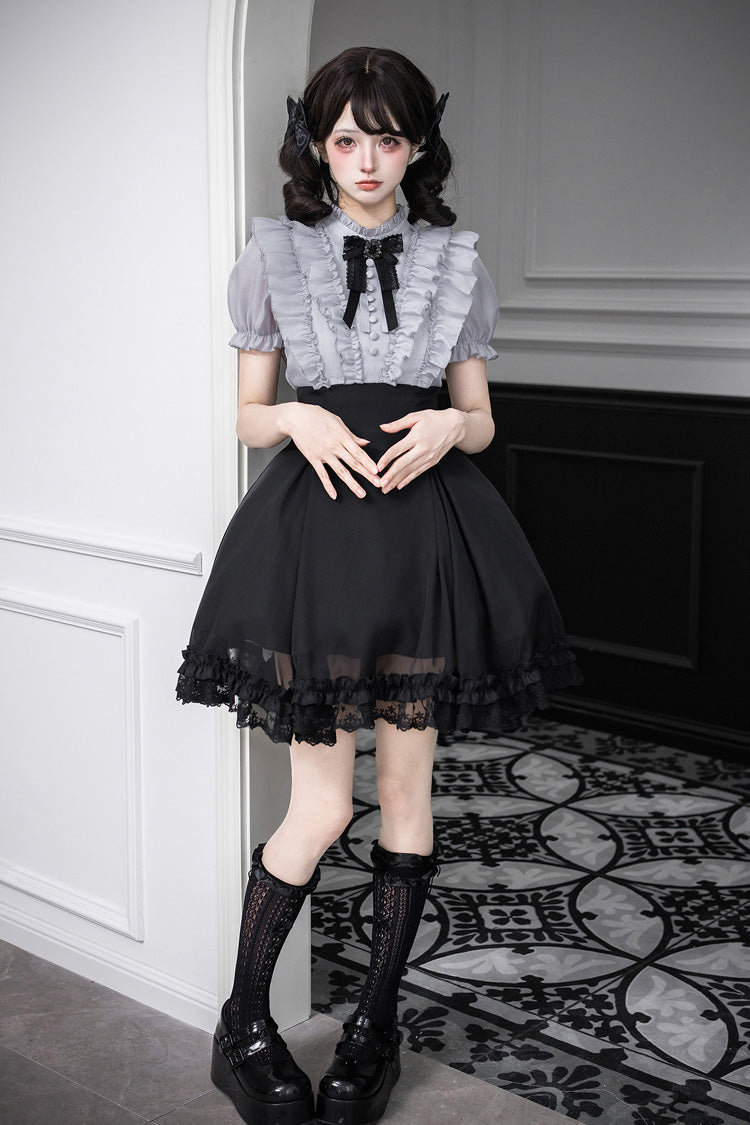 Miss Lola Snow Kiss Stand Collar Short Puff Sleeves Ruffled Color-Blocked Faux Two-Piece Sweet Lolita Dress 3 Colors - Black