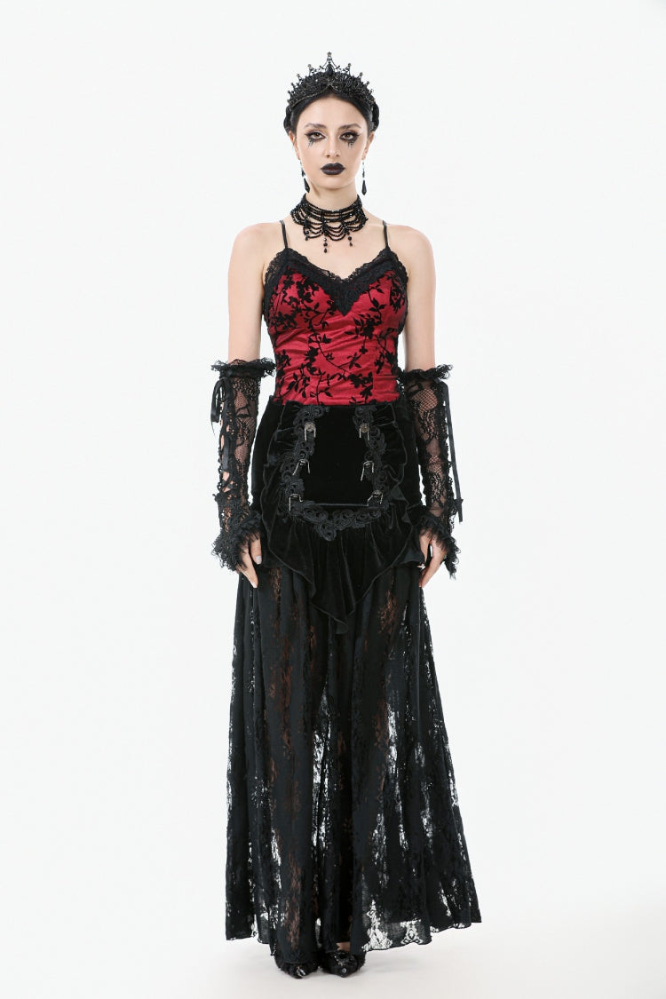 Gothic Velvet Long Skirt with Lace and Lace-Up, Black