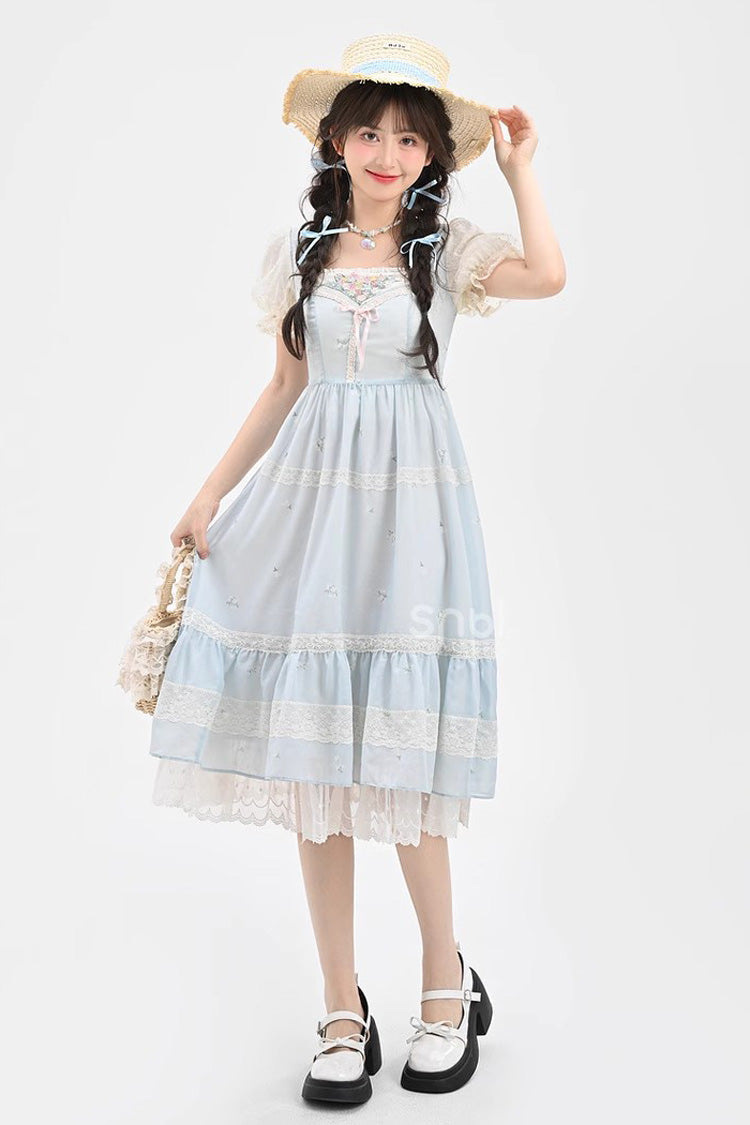 Azure Embroidered Sweet Princess Dress with Lace and Bows