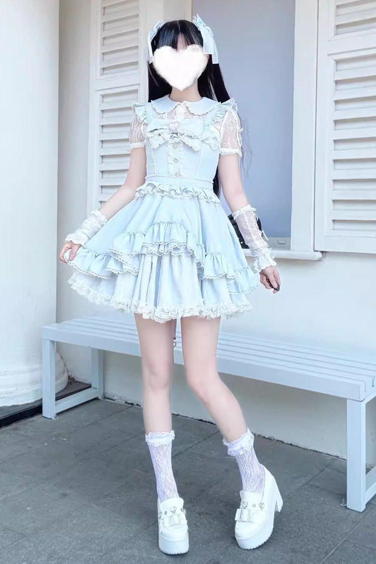 Light Blue Double-Layer Ruffle Bow Lace Sweet Jirai Kei Dress Set