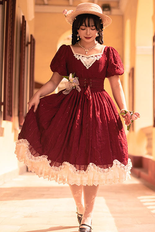 Burgundy Classic Square Neck Short Sleeve Layered Ruffled Elegant Lolita Dress