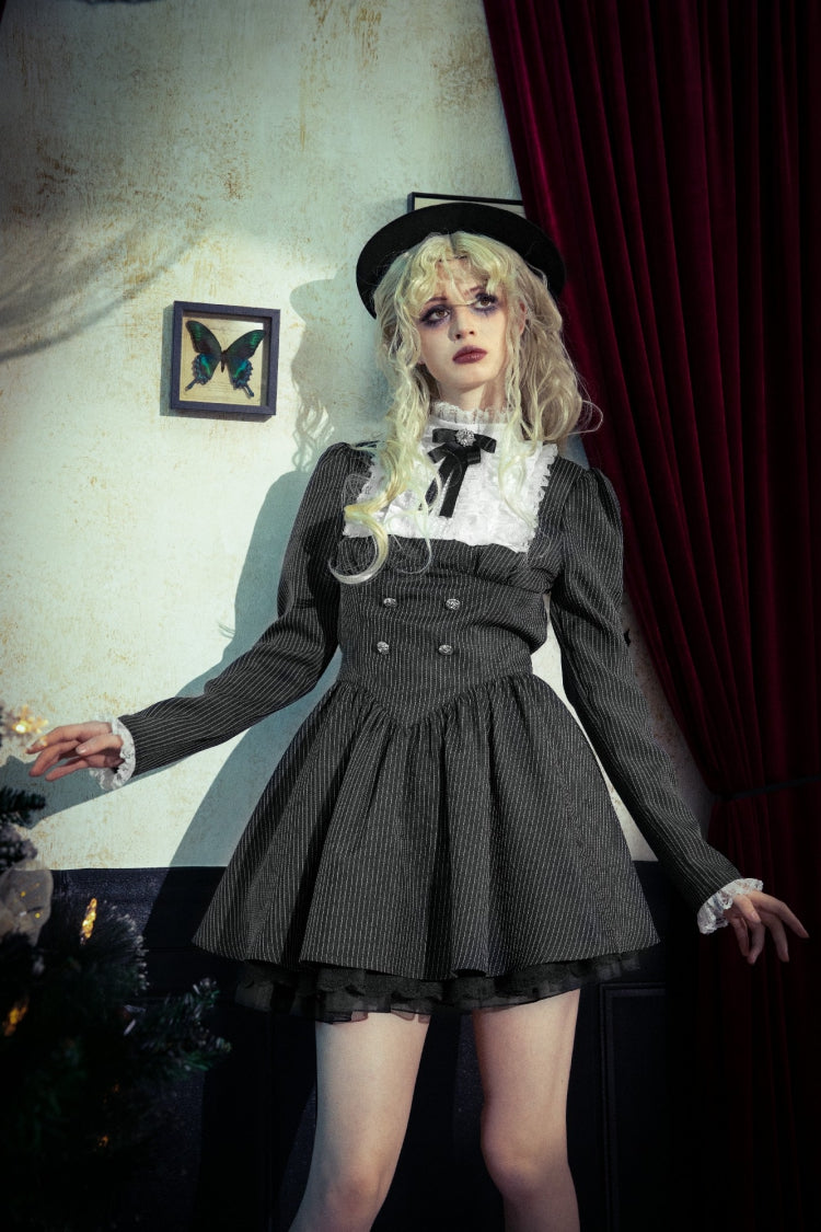 Black/White Striped Lace-Up Gothic Dress with Bow