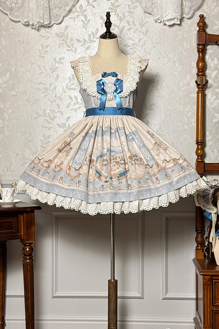 Fairy Tale Sleeveless Ruffle Bow JSK Dress with Print - Two Tones