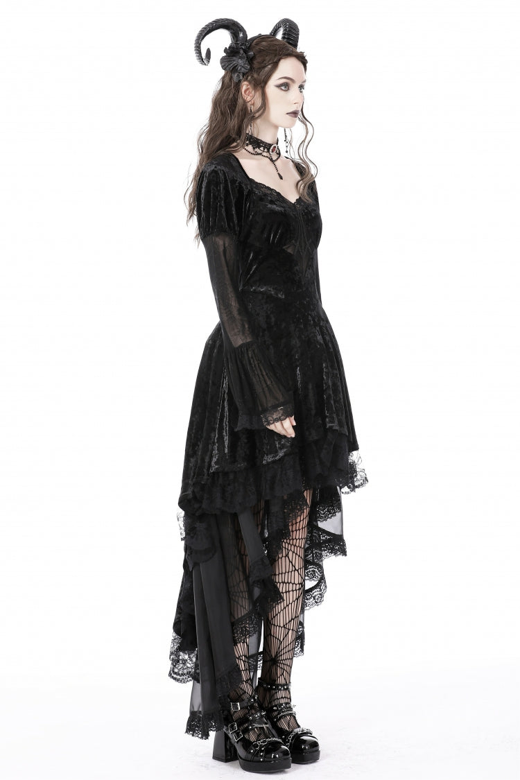 Onyx Velvet Gown with Puffed Sleeves and Asymmetric Lace Trim