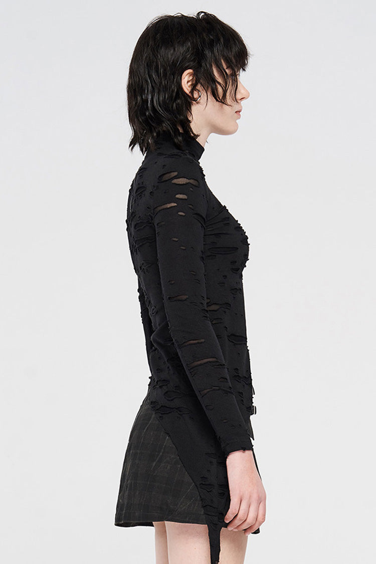 Jet-Black Mesh Top with Cutout Chest, Strappy Hem and High Neckline for Women