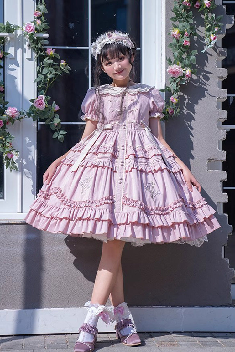 Pink Iris-Print Ruffled Dress with Short Sleeves and Embroidery