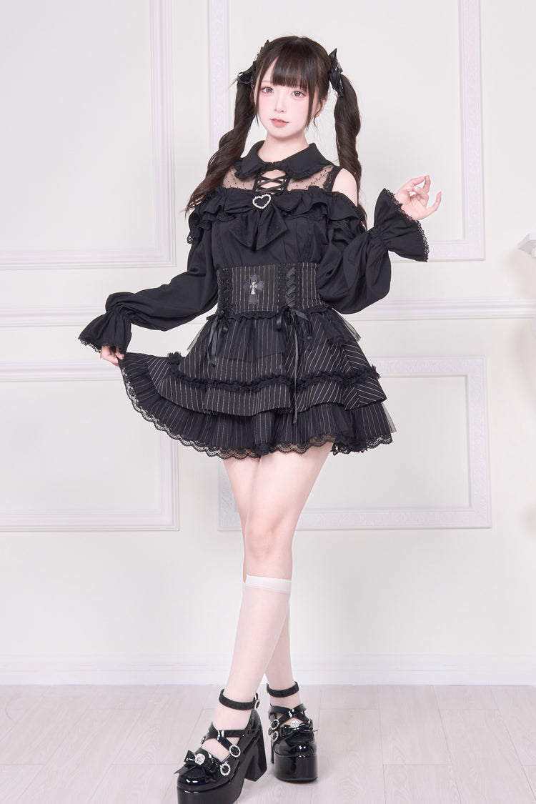 Off Shoulder Bowknot Lace-Up Print Long Sleeve Jirai Blouse in Three Colors