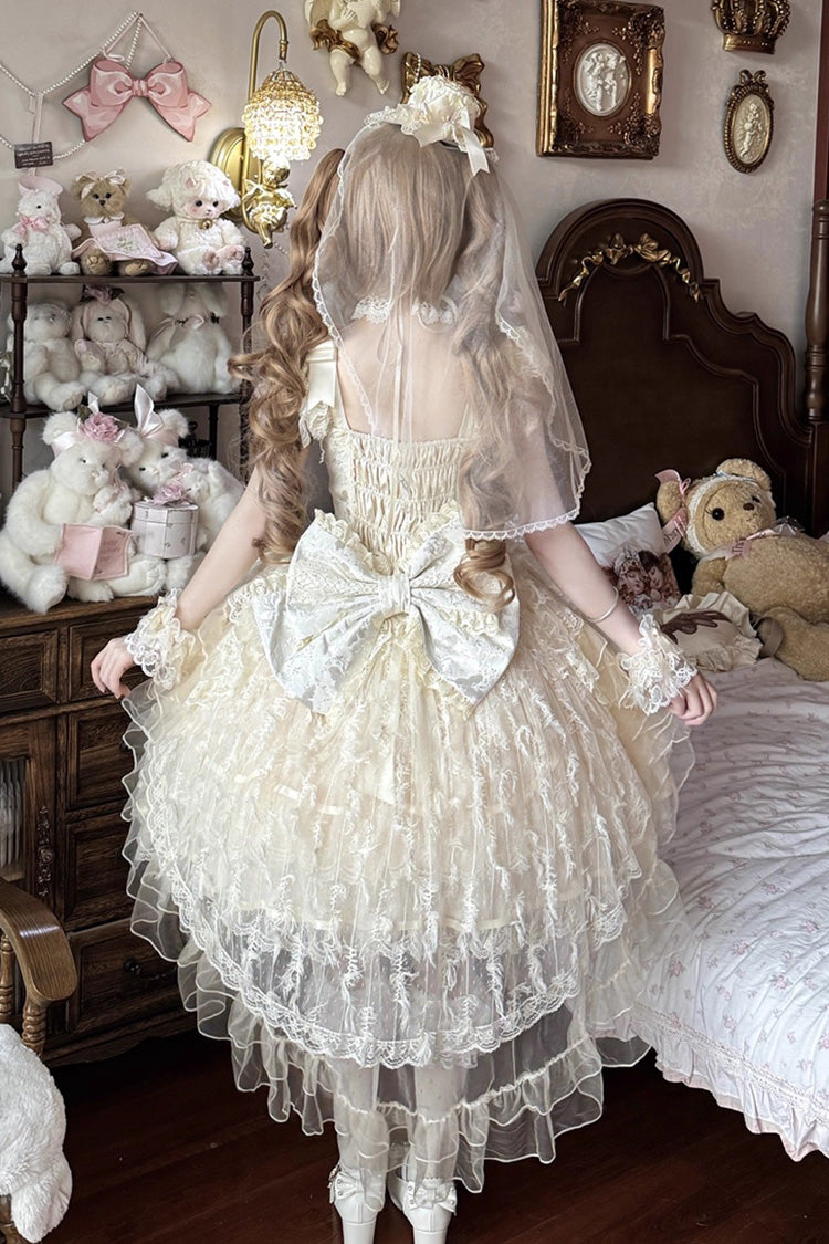 Sweet Apricot Sleeveless Layered Ruffle Hanayome Bow Lolita JSK Gown