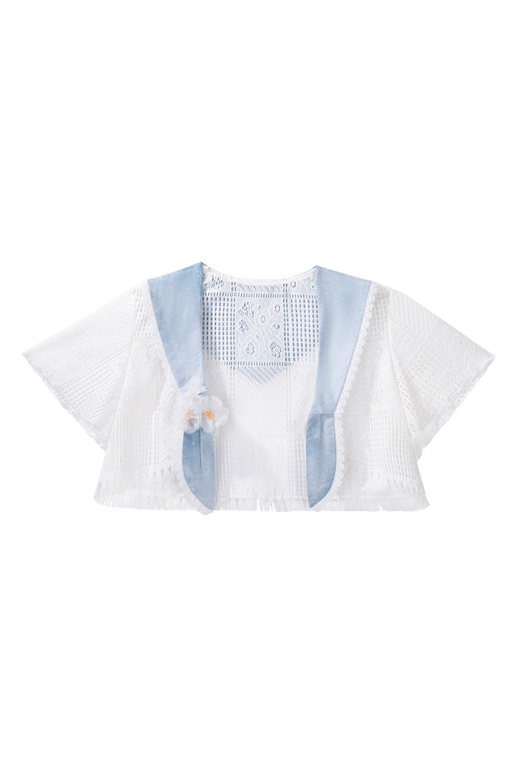 Print Ruffle Embroidery Bow Lace Irregular Lolita Jumper Dress - Blue