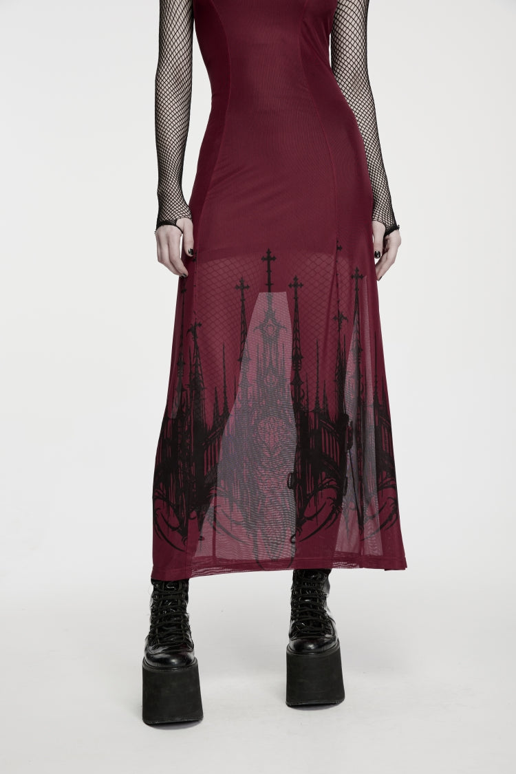 Red Halterneck Sleeveless Double-Layer Church Skull Printed Lace-Up Slim Gothic Dress