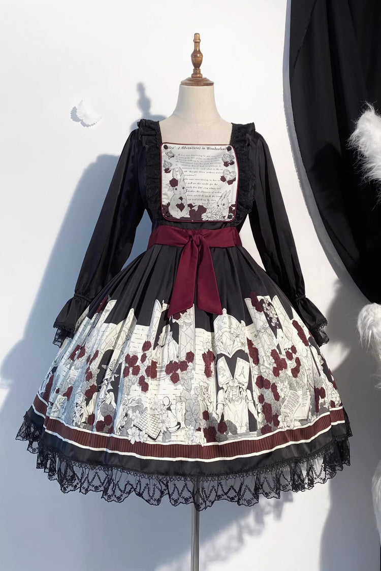 Black Alice of the Asylum Print Bow Lace Gothic Lolita Dress Two Versions