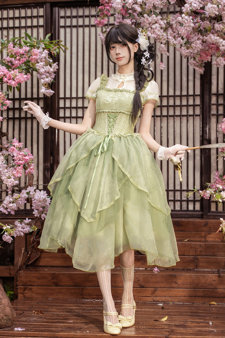 Fragrance Stand Collar Short Sleeves Multi-Layered Printed Ruffled Bow Lace Irregular Chinese Style Sweet Lolita Dress 2 Colors - Green/Pink