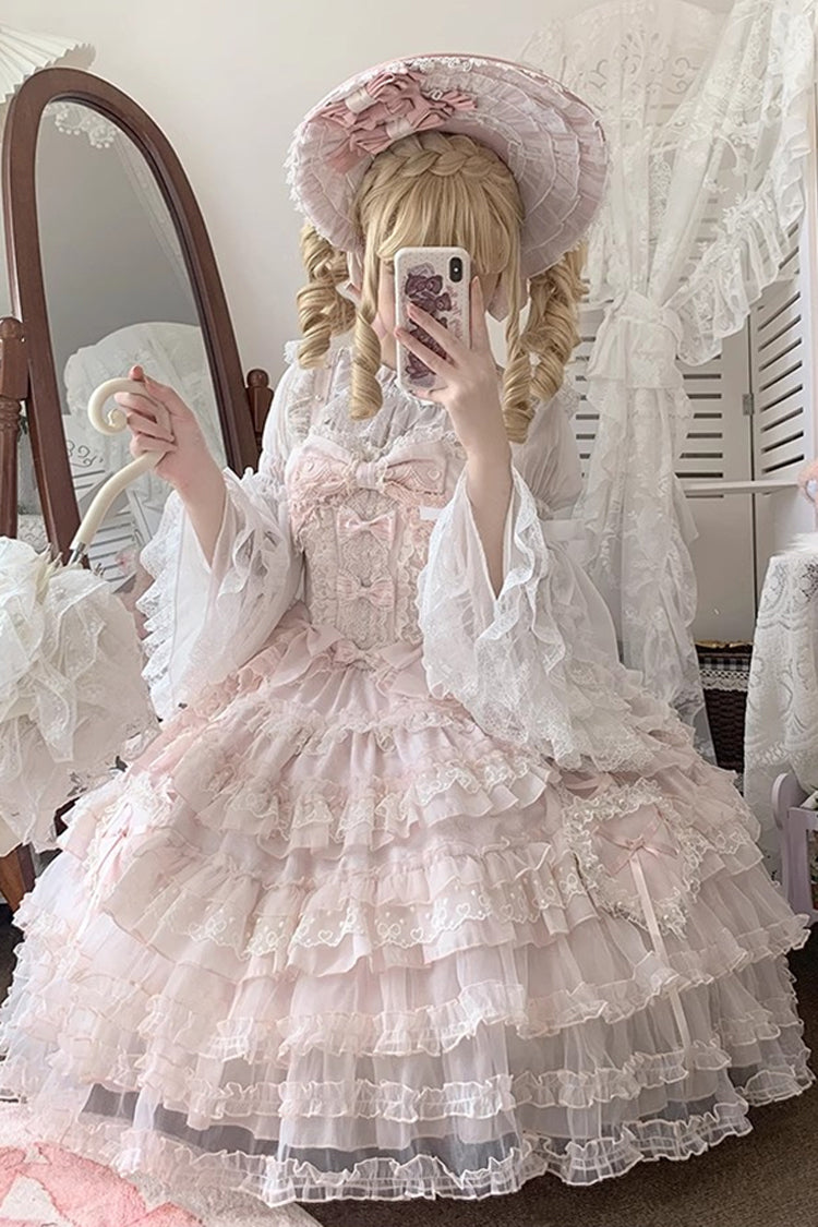 Pink Multi-Layered Ruffled Hanayome Embroidered Bow Lace Sweet JSK - Sweetheart Diary