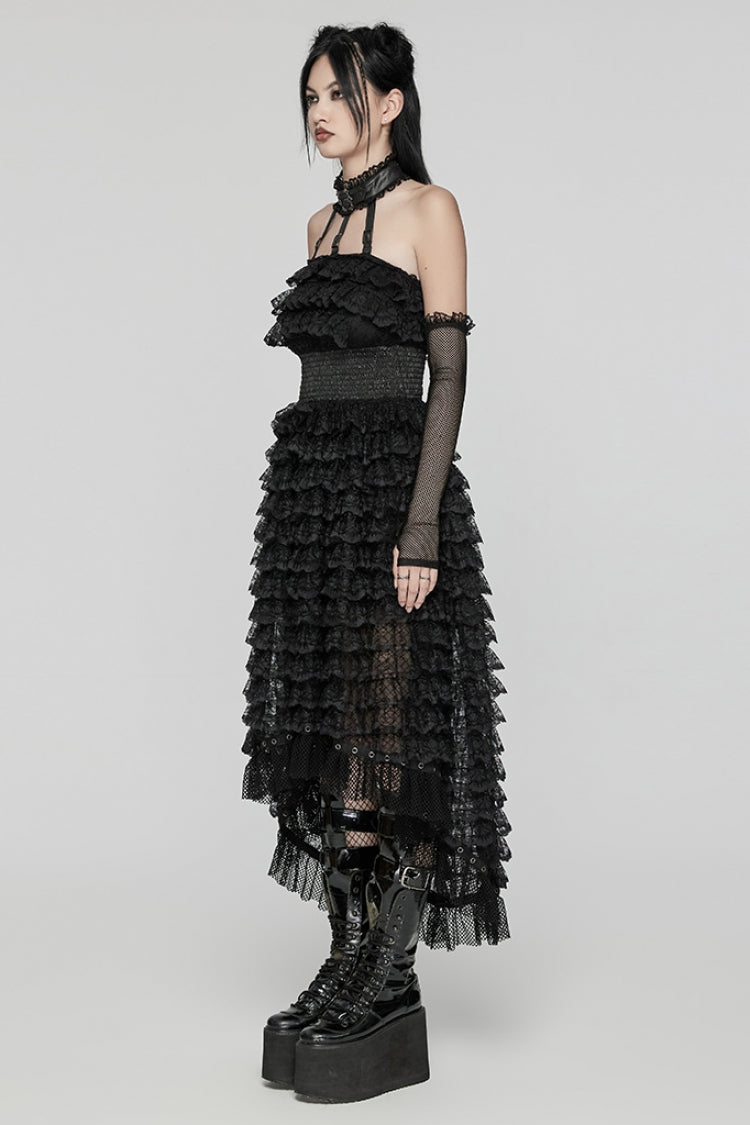 Soft Black Ruffle Lace Long Sleeve Halter Punk Dress