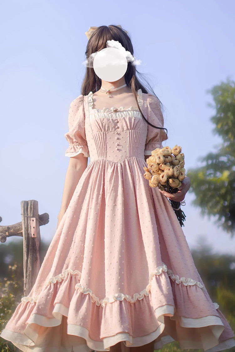 Pink Square-Neck Puff-Sleeve Ruffle-Embroidered Chic Sweet Jumper Dress