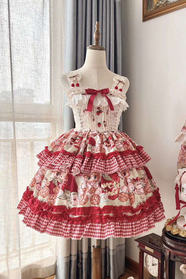 Sleeveless Double-Layered Print Ruffle Sweet Princess Lolita Jsk Red