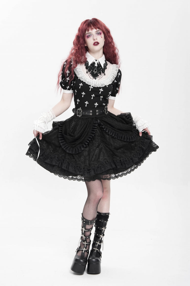 Gothic Skirt with Ruffle and Buckle Straps, Black