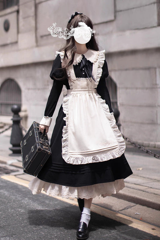 Black Doll Collar Long Sleeve Bow Classic Vintage Dress - Angelina
