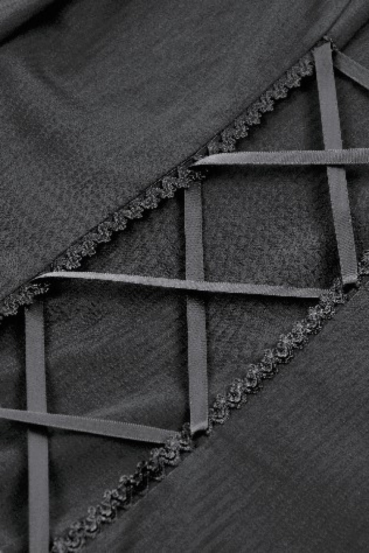 Jet-Black Lace-Up Dress with Bishop Sleeves and Layered Hem