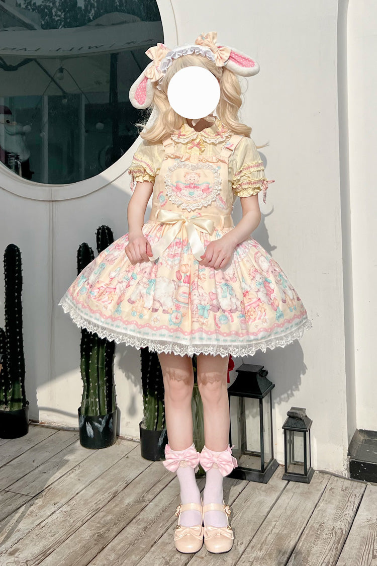Yellow Sheep's Party Printed Bow Stitching Lace Sweet Lolita Strap Dress - Miss Brown