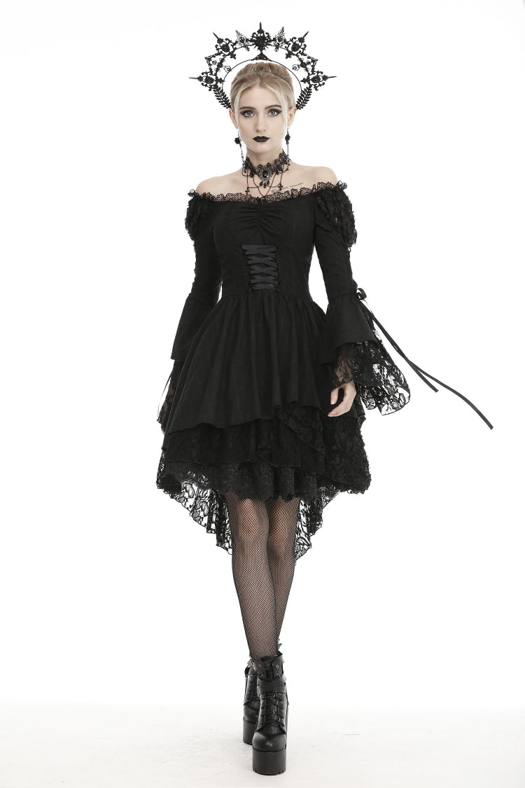 Black Off-Shoulder Trumpet Puff Sleeve Lace-Up Mesh Gothic Cocktail Dress