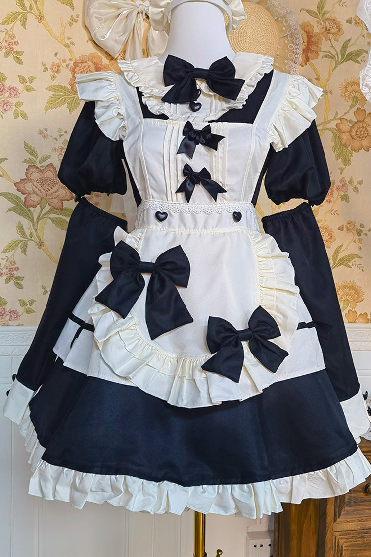 Black/White Short Sleeve Ruffled Bow Lace Plus Size Maid Dress