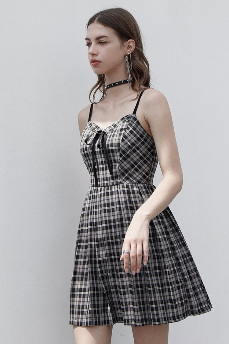 Plaid Front Chest Bow Decoration Punk Slip Dress - White/Black