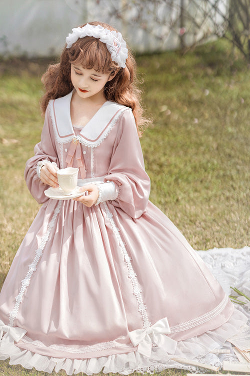 Pink High-Waisted Ruffled OP Dress with Bowknot and Long Sleeves