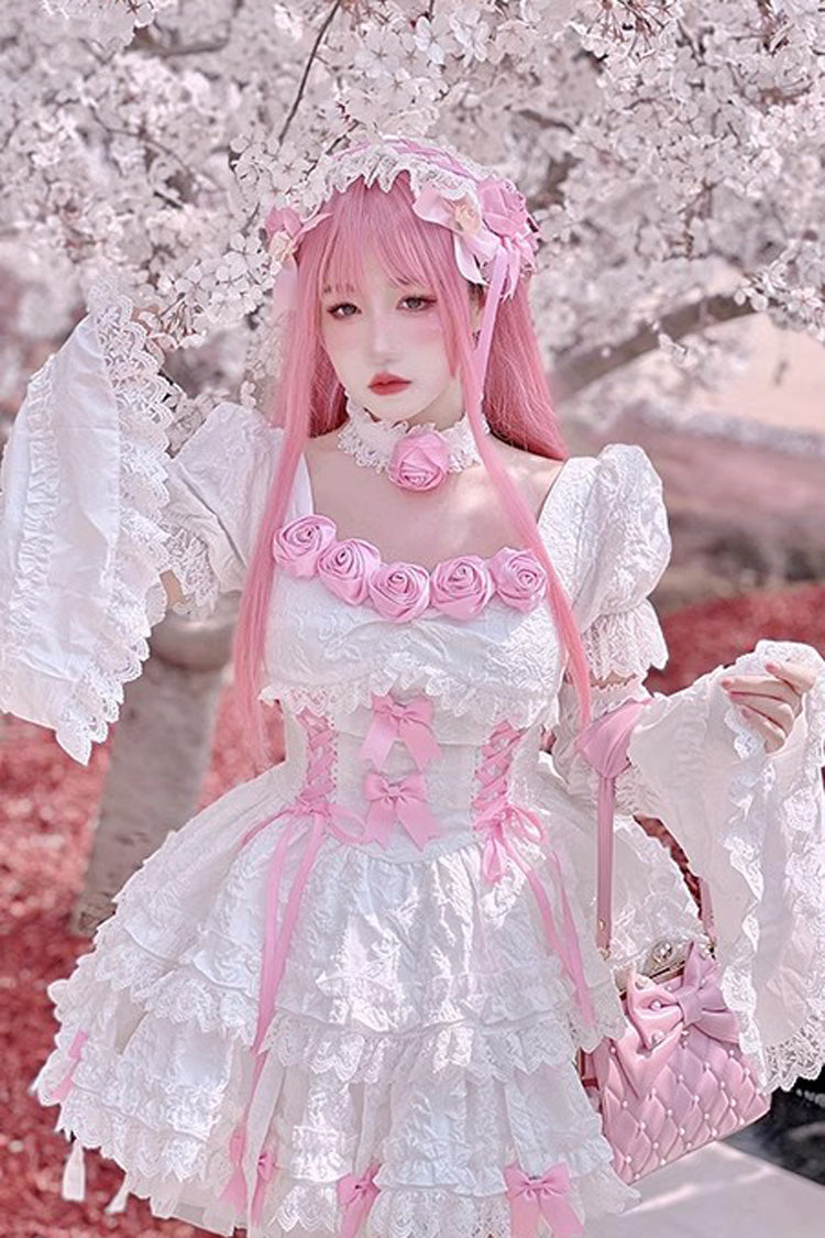 Ivory & Pink Puff-Sleeve Princess Gothic Lolita Tiered Gown