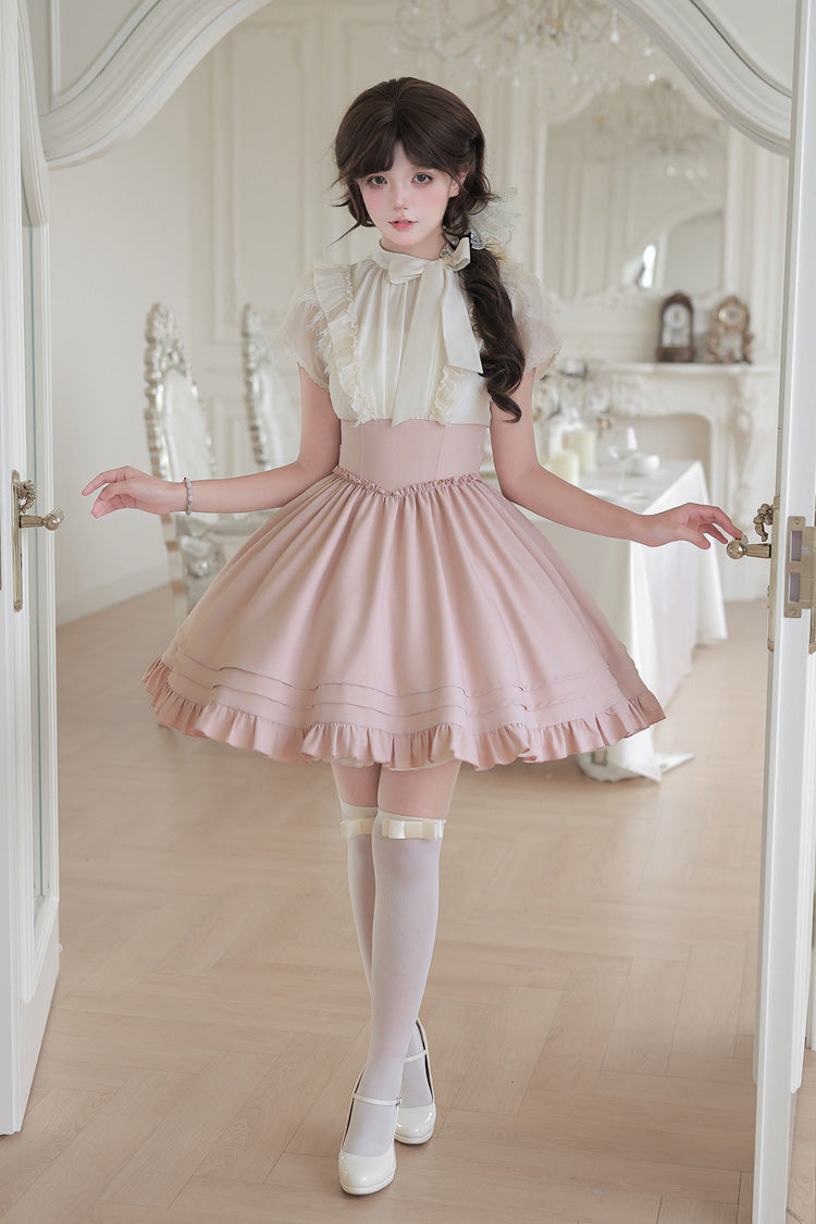 Blush & White Round Collar Short-Sleeve Ruffled Bow Lace Color-Blocked Boned Sweet Lolita Dress