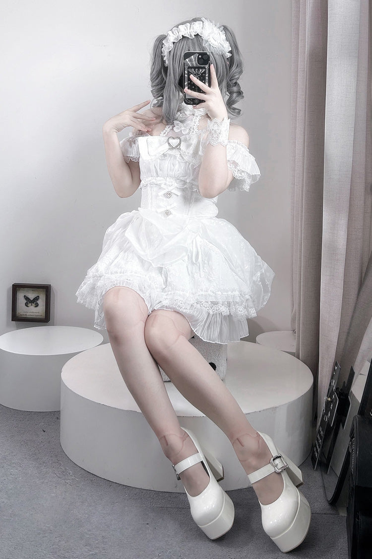 Ivory Halterneck Print Gothic Dress with Ruffles - Rose Dream