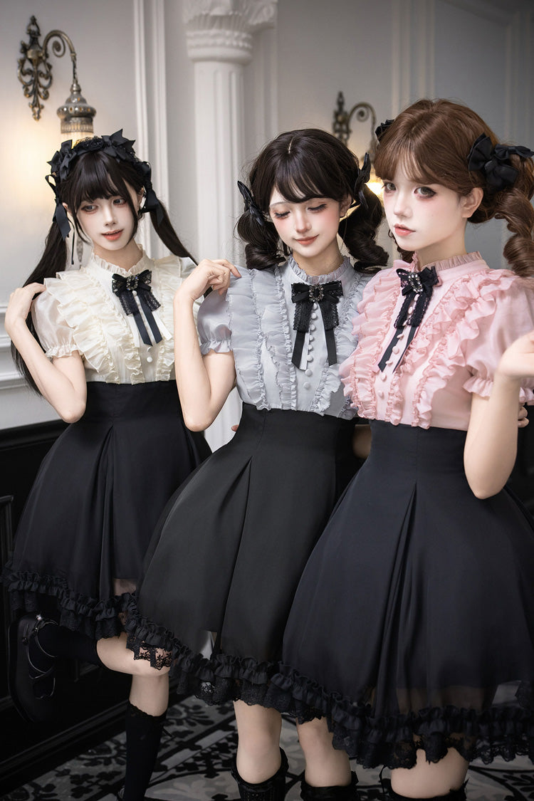 Miss Lola Snow Kiss Stand Collar Short Puff Sleeves Ruffled Color-Blocked Faux Two-Piece Sweet Lolita Dress 3 Colors - Black