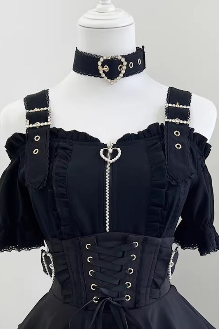 Stand Collar Sleeveless Ruffled Lace-Up Skirt and Blouse Set