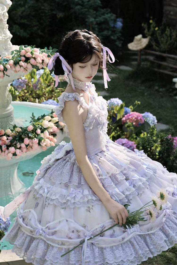 Purple Halterneck Sleeveless Printed Embroidered Bow Sweet Lolita Jsk Dress