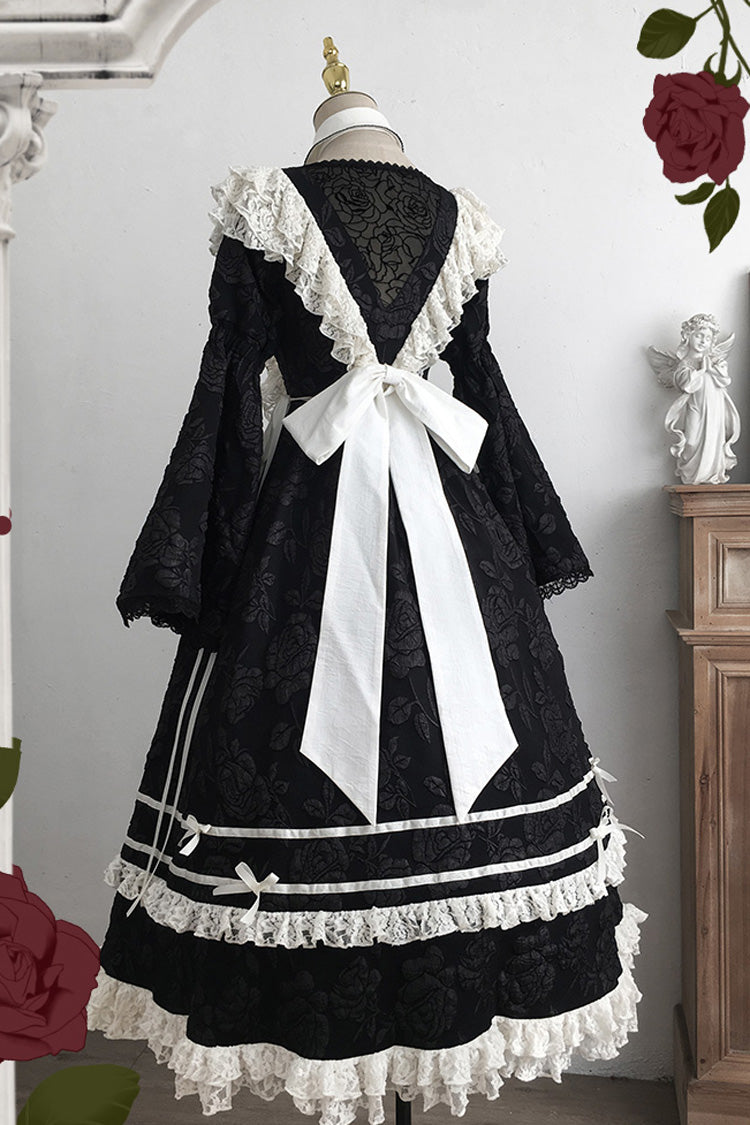 Black Double-Layered Ruffled Embroidered Bow Lace Gothic Nun Dress - Rose Choir
