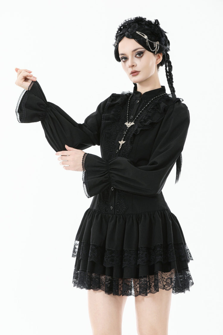 Jet-Black Lace-Up Dress with Bishop Sleeves and Layered Hem