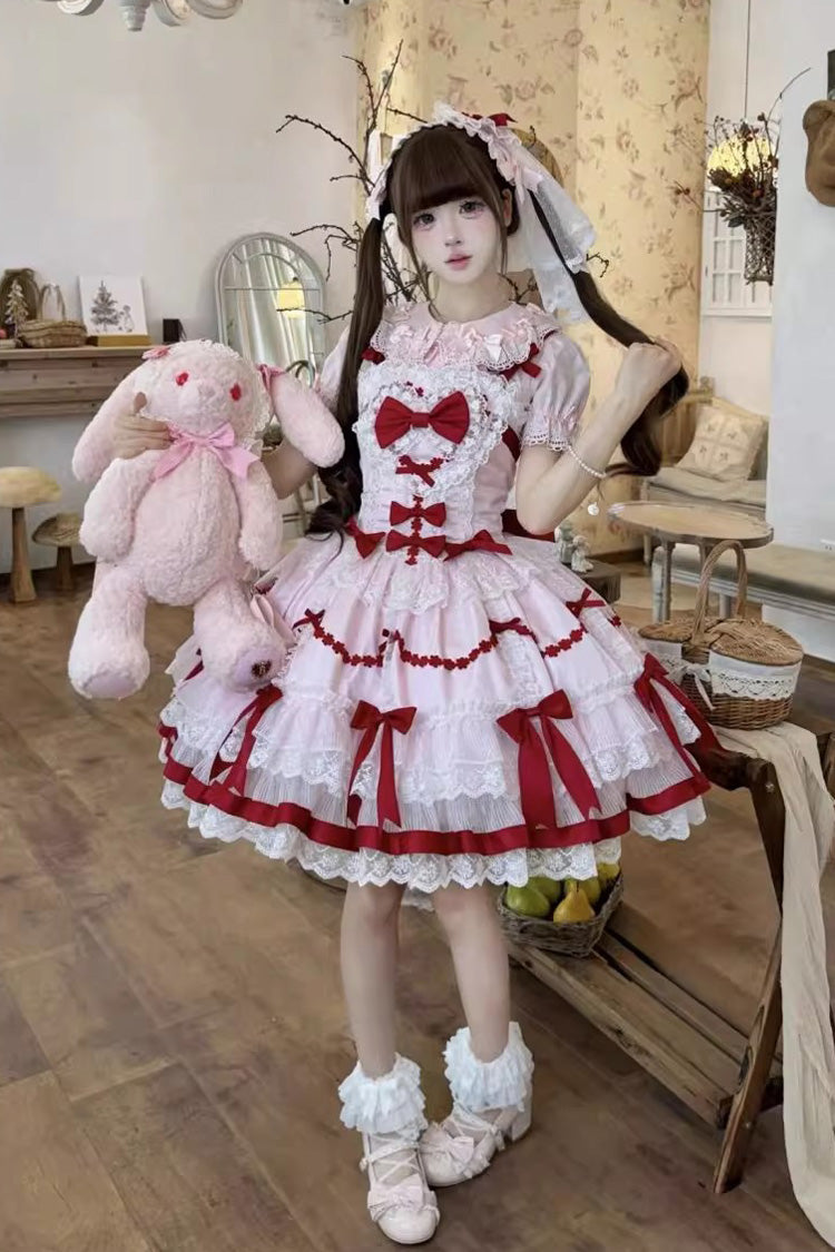 Red Pink Scarlet Heart Cocoa Sleeveless Triple-Layered Ruffle Embroidery Lace Sweet Lolita Jsk Dress