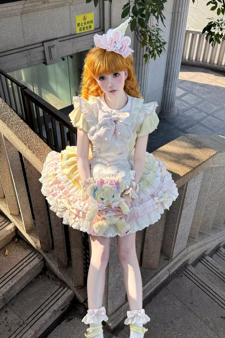 Yellow Pink Short Sleeve Multi-Layered Ruffle Bowknot Sweet Dress
