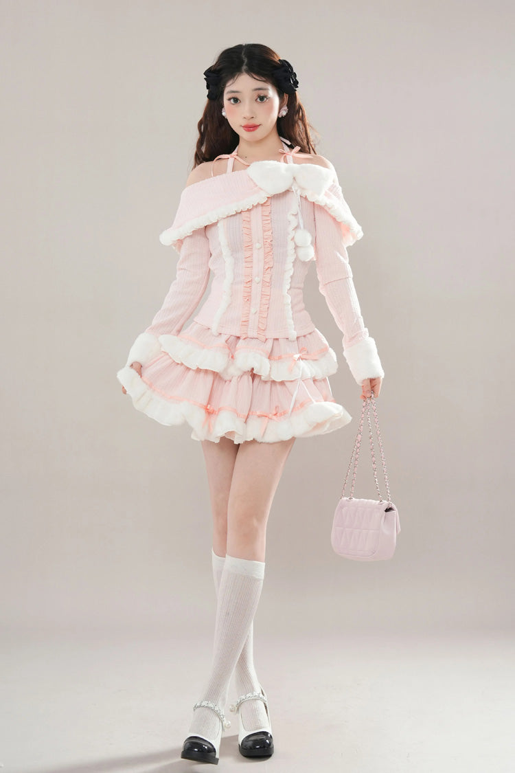 Pink Long Sleeve Ruffle Bow Lace Sweet Princess Tiered Skirt Set