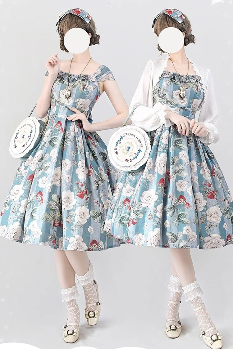 Blue Green Sea Salt Rose Bowknot Chiffon Elegant Jsk Dress