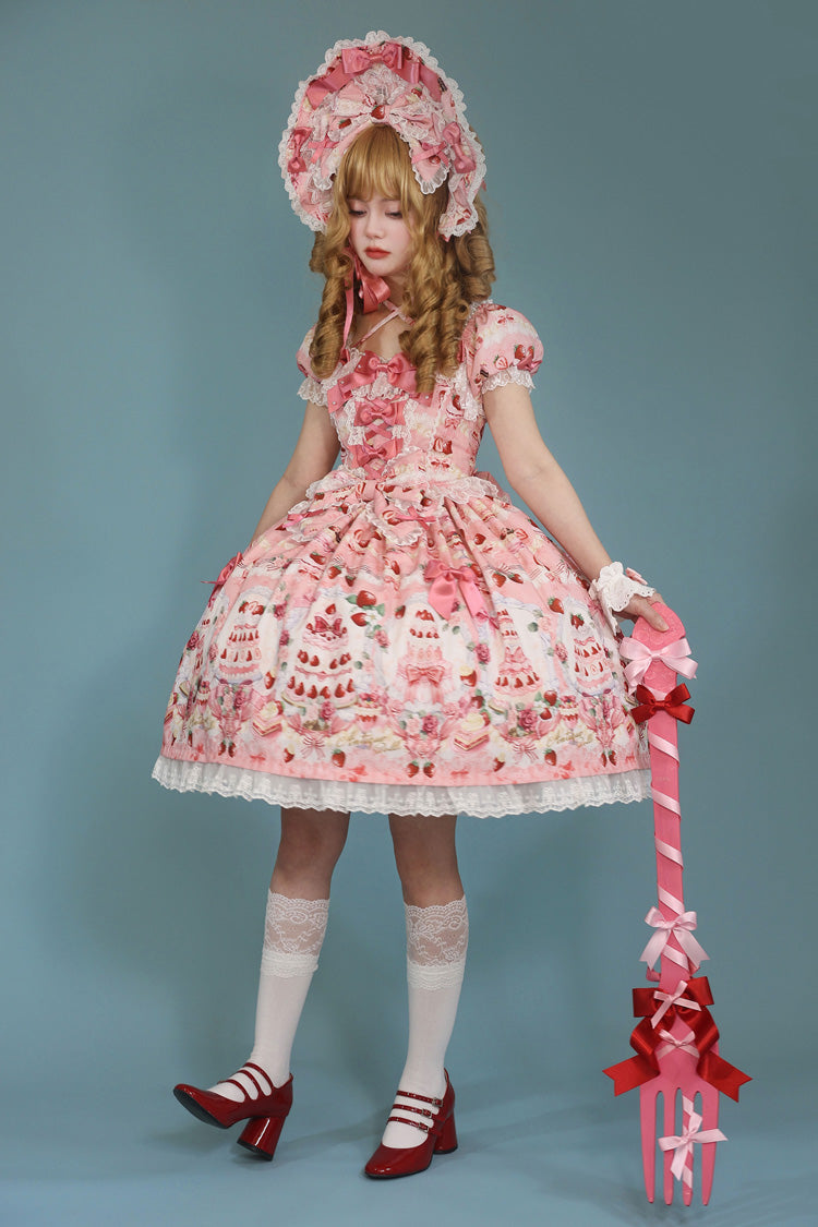 Square Collar Bowknot Lace Sweet Dress with Short Sleeves - Strawberry Cake Bouquet